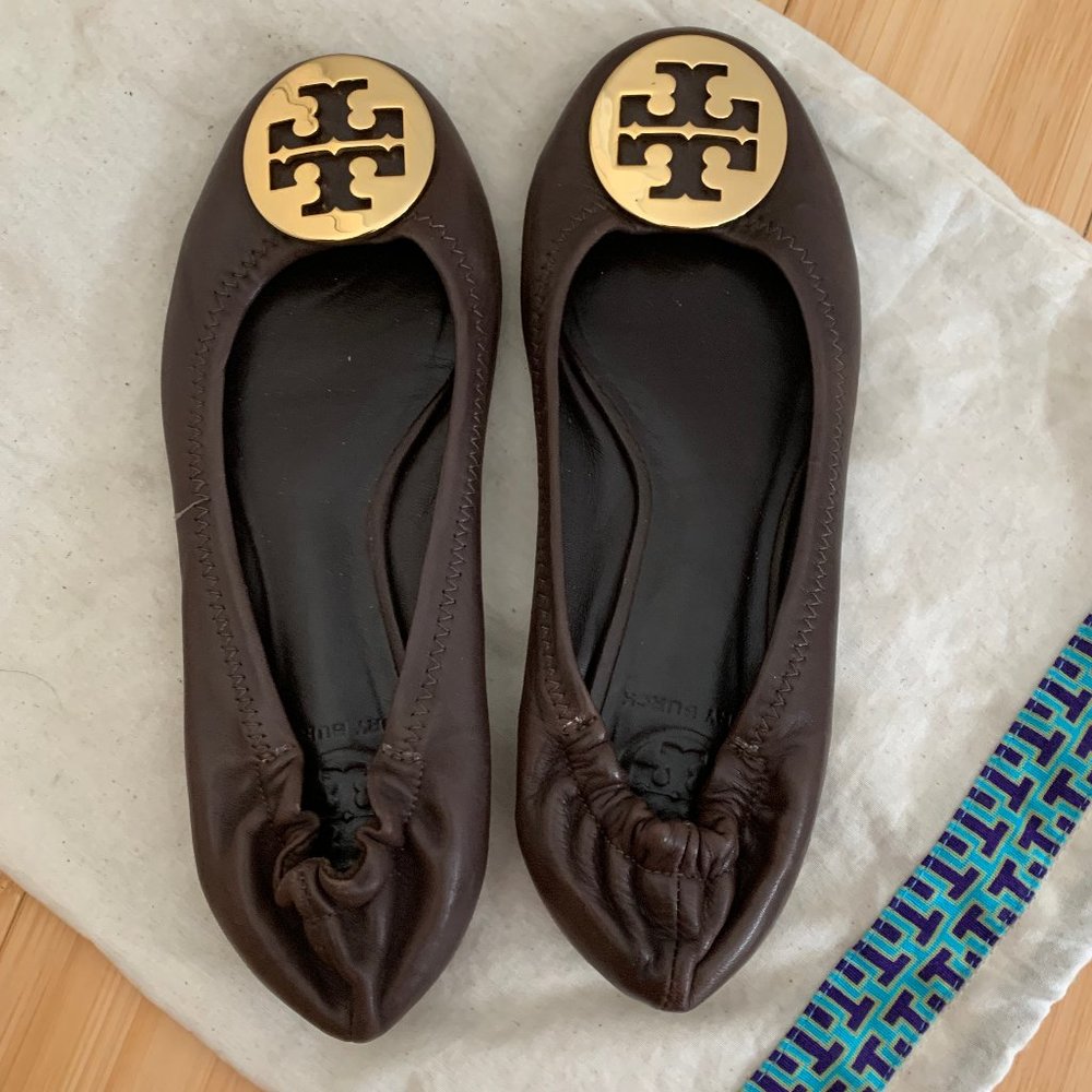 Tory Burch Brown Reva Logo Ballerina Flats EUC